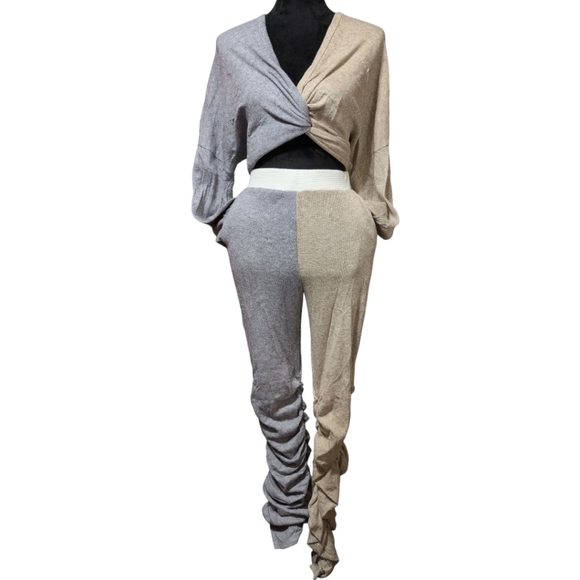 Two-Tone Gray and Tan Twist Front Ruched Pant Set - Picture 3 of 8